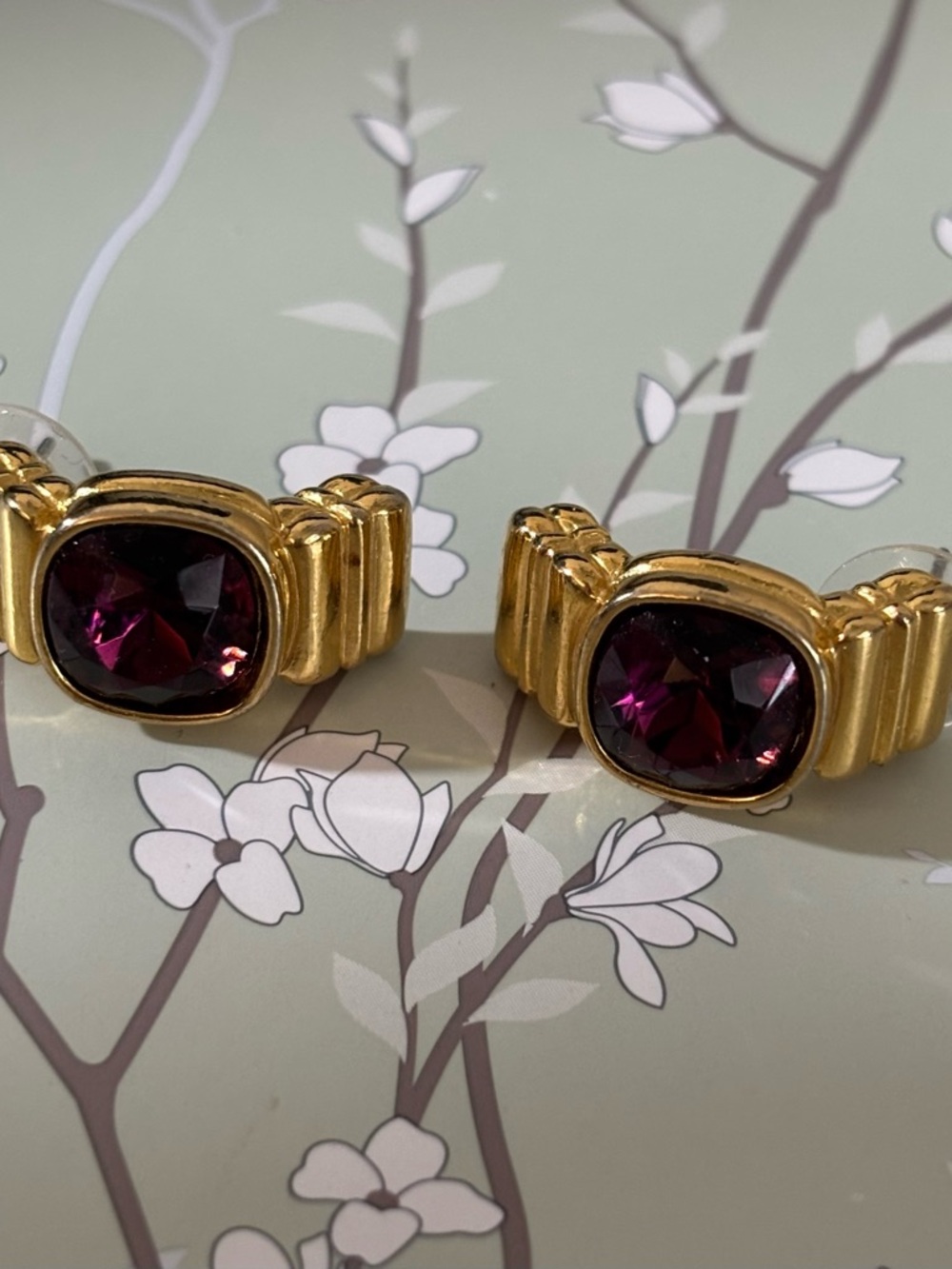 Vintage Givenchy Stamped Gold-Tone Earrings with Deep Purple Accents - Picture 7 of 9